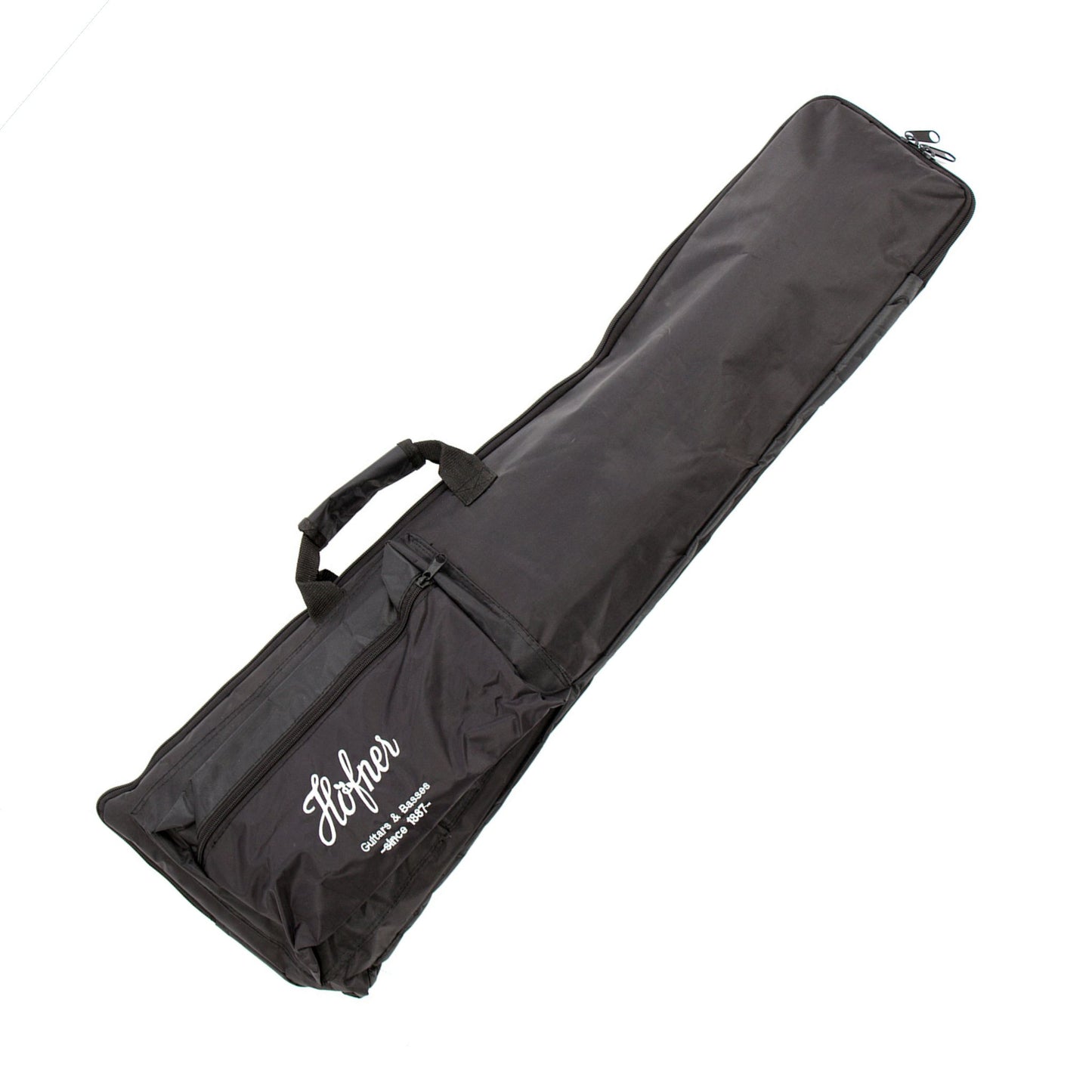 Black guitar case with Hofner logo on a white background