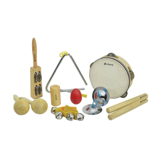 Set of percussion instruments including a tambourine, triangle, and other small drums on a white background
