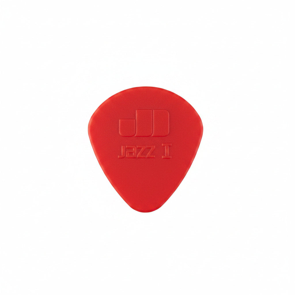 Red guitar pick with 'JD' branding on a white background
