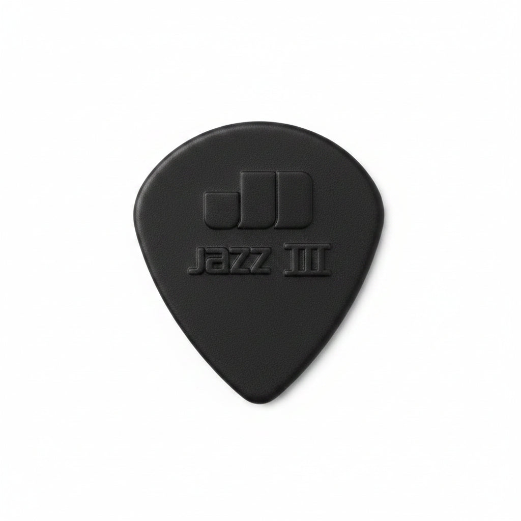 Black guitar pick with 'Jazz III' branding on a white background