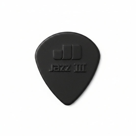 Black guitar pick with 'Jazz III' branding on a white background