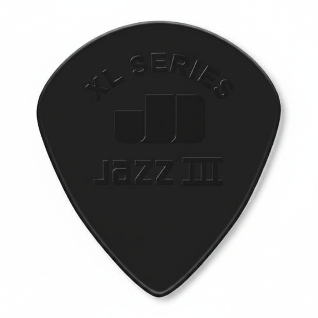 A black guitar pick with embossed text reading 'XL SERIES' and 'JAZZ III' on a white background.