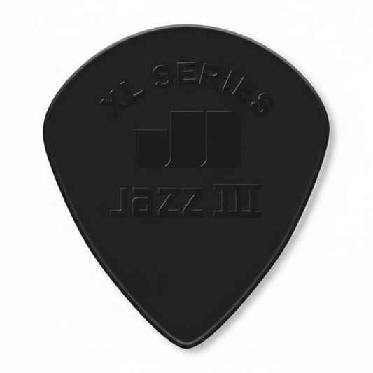 A black guitar pick with embossed text reading 'XL SERIES' and 'JAZZ III' on a white background.