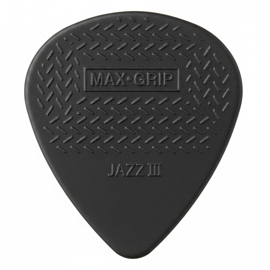 Black guitar pick with 'MAX GRIP' and 'Jazz III' text on a white background