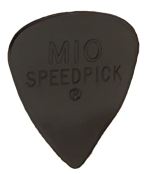 Black guitar pick with 'MIO Speedpick' branding on a white background