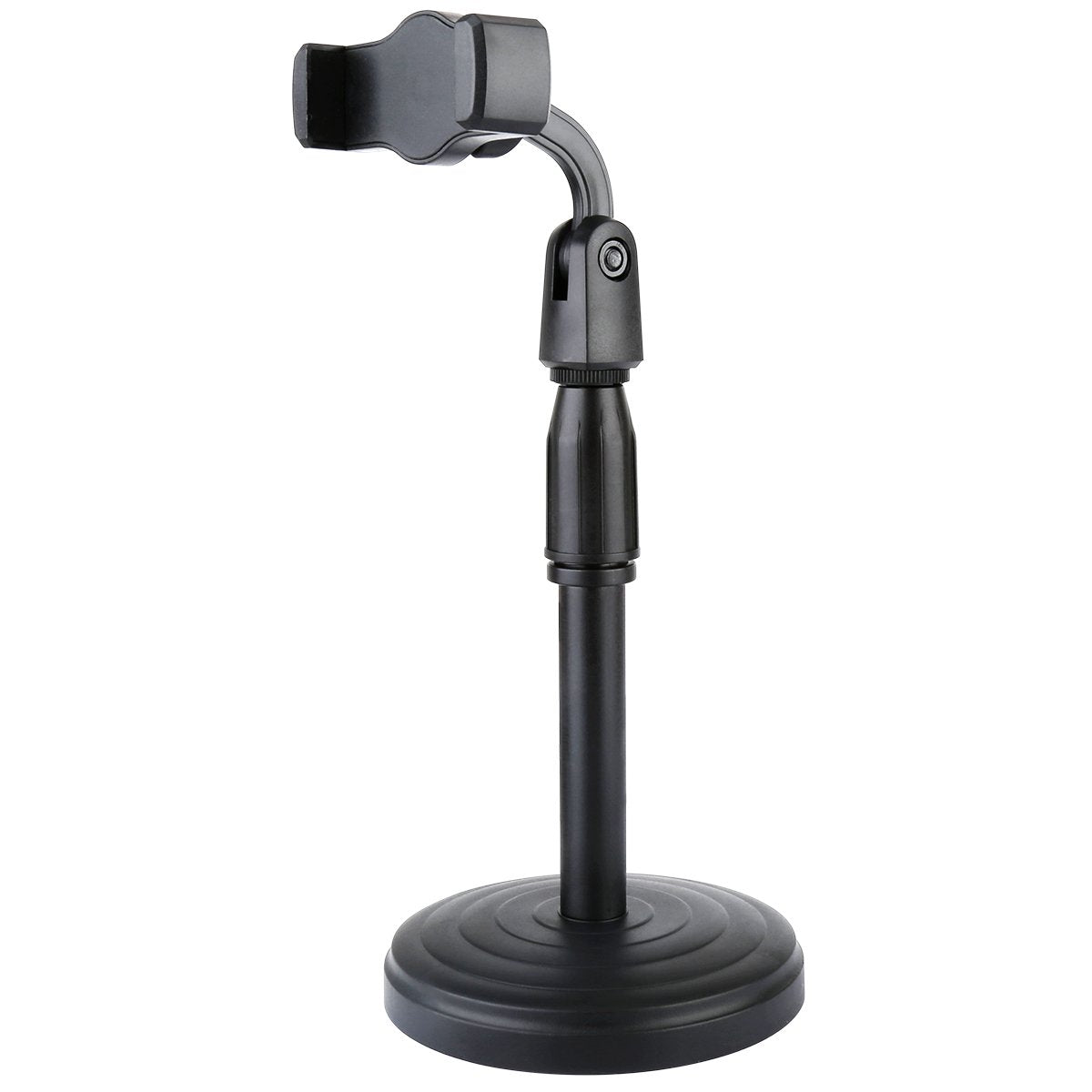 Black adjustable phone stand on a white background