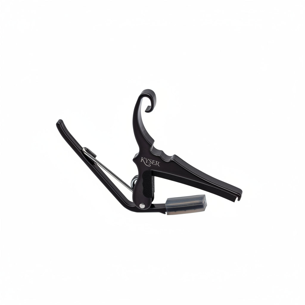 Black guitar capo with 'Kyser' branding on a white background
