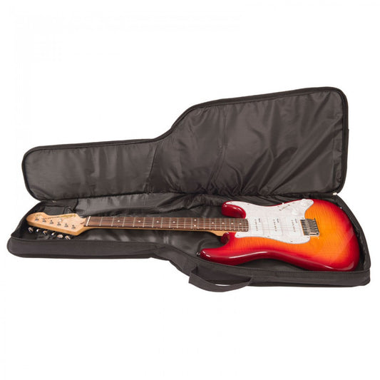 Electric guitar in a black case on a white background