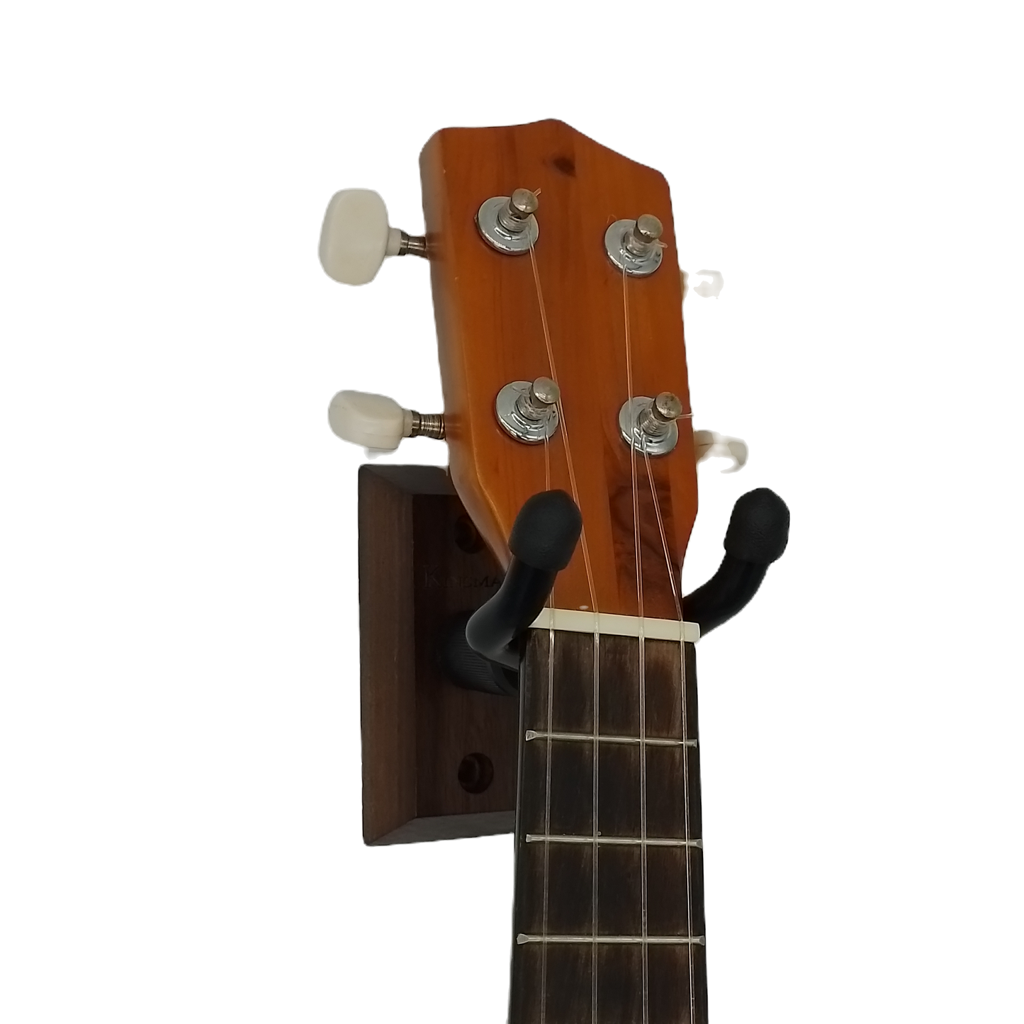 Ukulele headstock with a wall-mounted guitar hanger on a white background