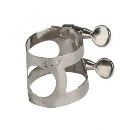 Metallic saxophone ligature on a white background