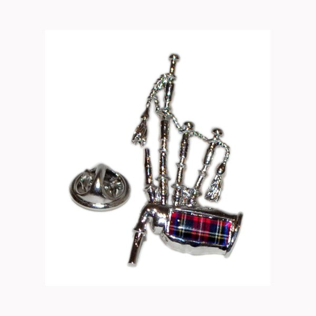 Bagpipe-shaped lapel pin with tartan design on a white background