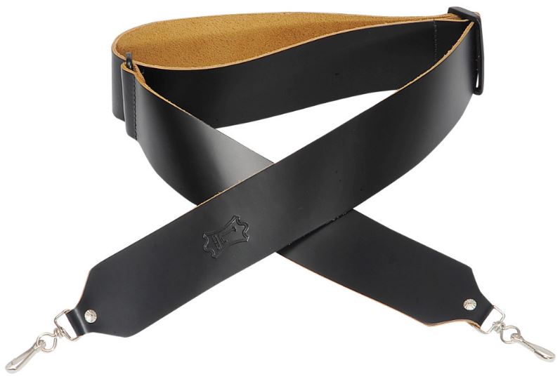 Black leather guitar strap with tanned interior and metal clamp on a white background