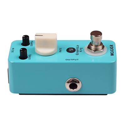 Blue guitar effects pedal with black and white control knobs and an of/off nickel switch on a white background