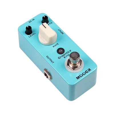 Blue guitar effects pedal with control knobs and switches on a white background