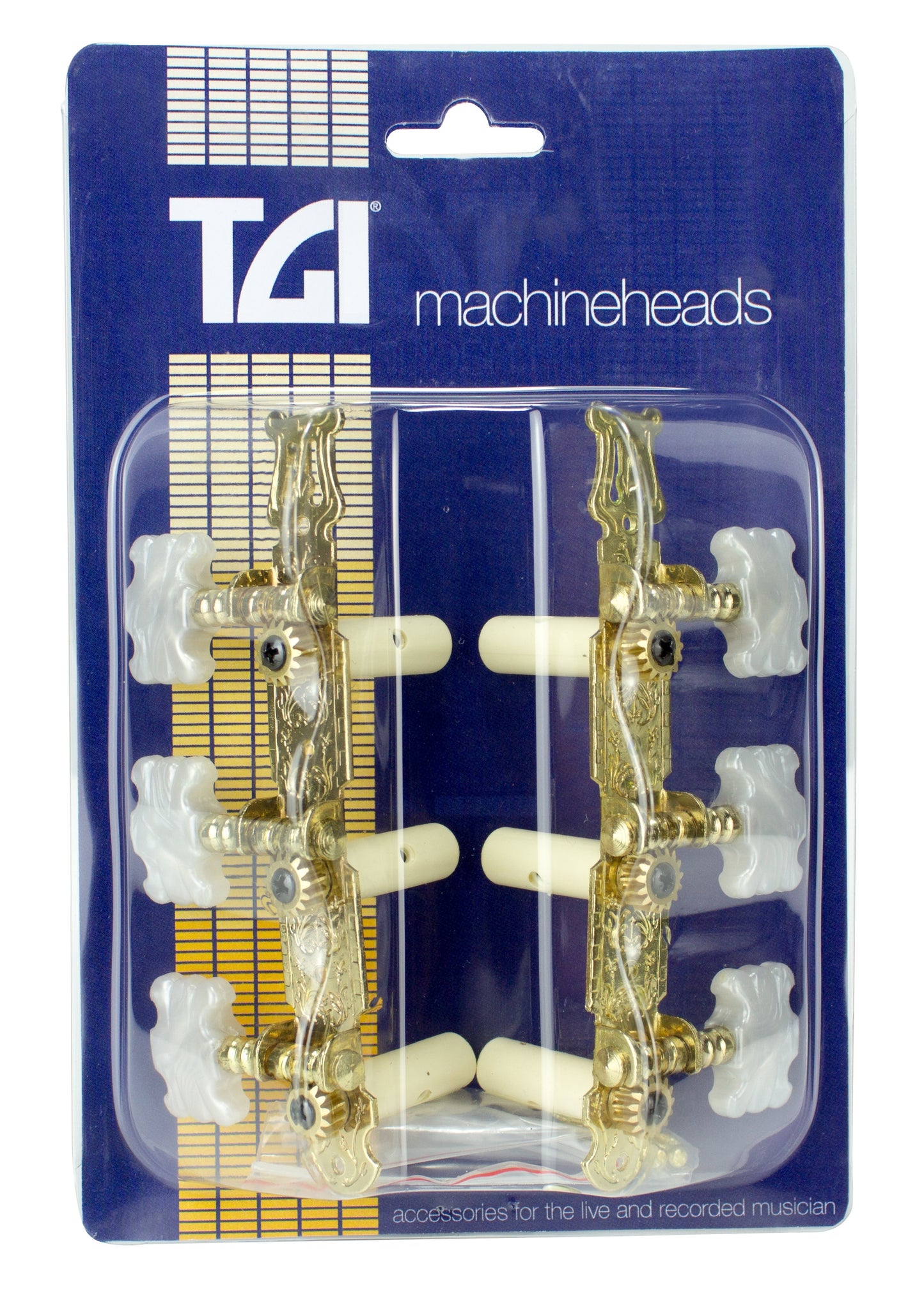 Packaged TGI machineheads with gold and white design on a blue background