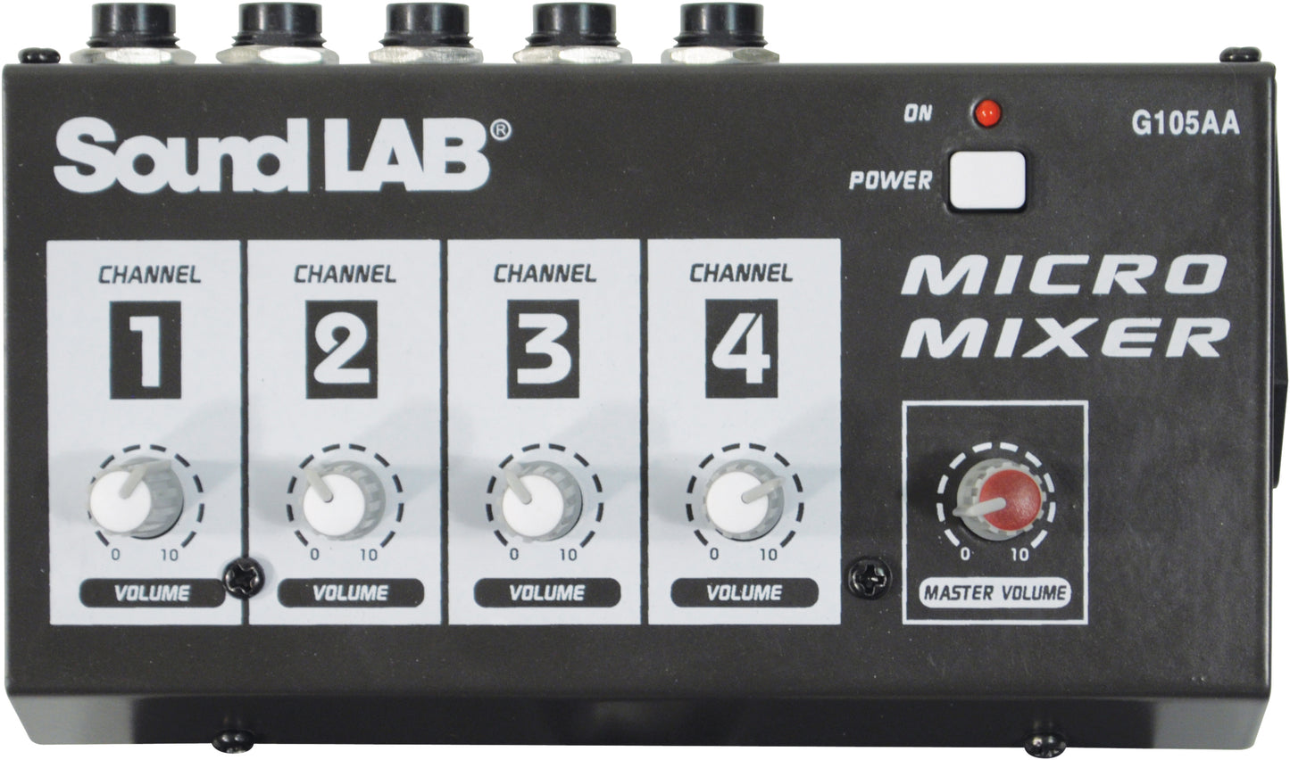 Sound LAB micro mixer with four channel volume controls and a master volume knob.