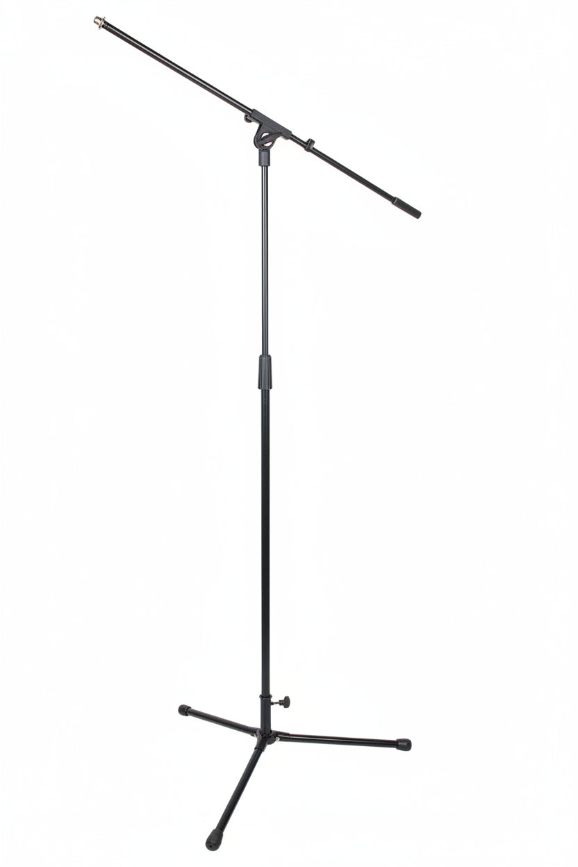 Black microphone stand on a white background