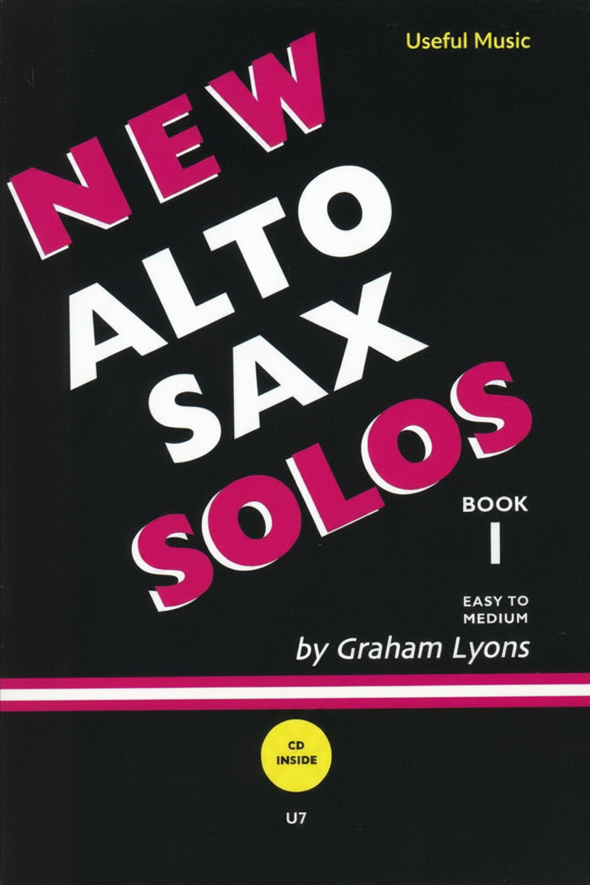 Book cover of 'New Alto Sax Solos Book I' by Graham Lyons with pink and white text on a black background.