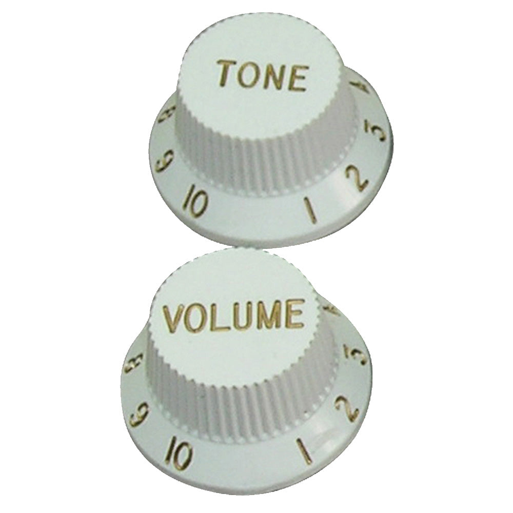 Two white guitar knobs labeled 'Tone' and 'Volume' on a white background