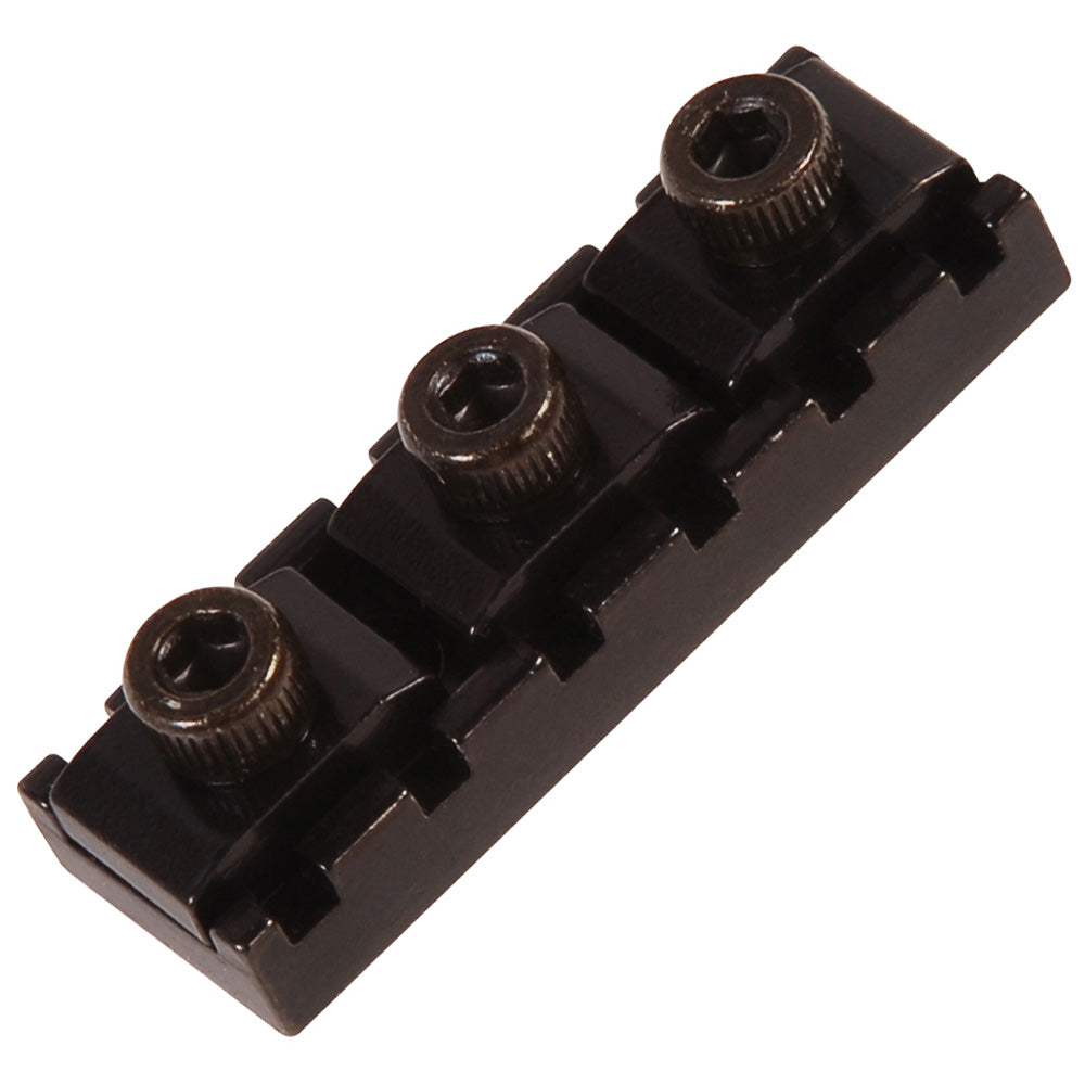 Black guitar top nut with three tuning pegs to lock the strings on a white background