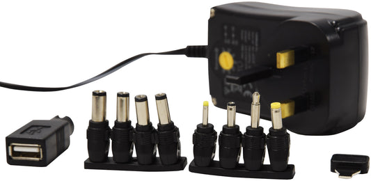 Black power adapter with multiple plug heads on a white background