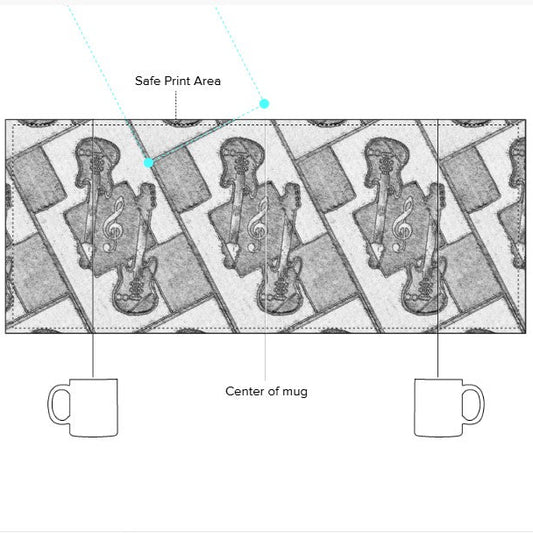 Diagram showing safe print area and centre of a mug with design.