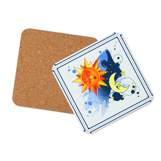 Cork coaster with a colourful illustration of the sun, moon, and stars on a white background