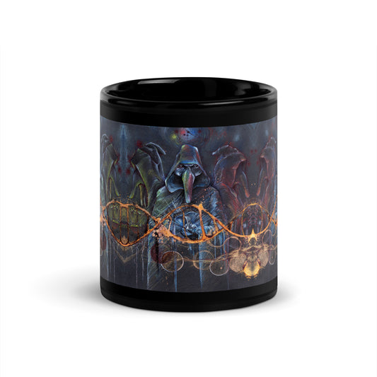 Black mug with a Venetian masks design on a white background.