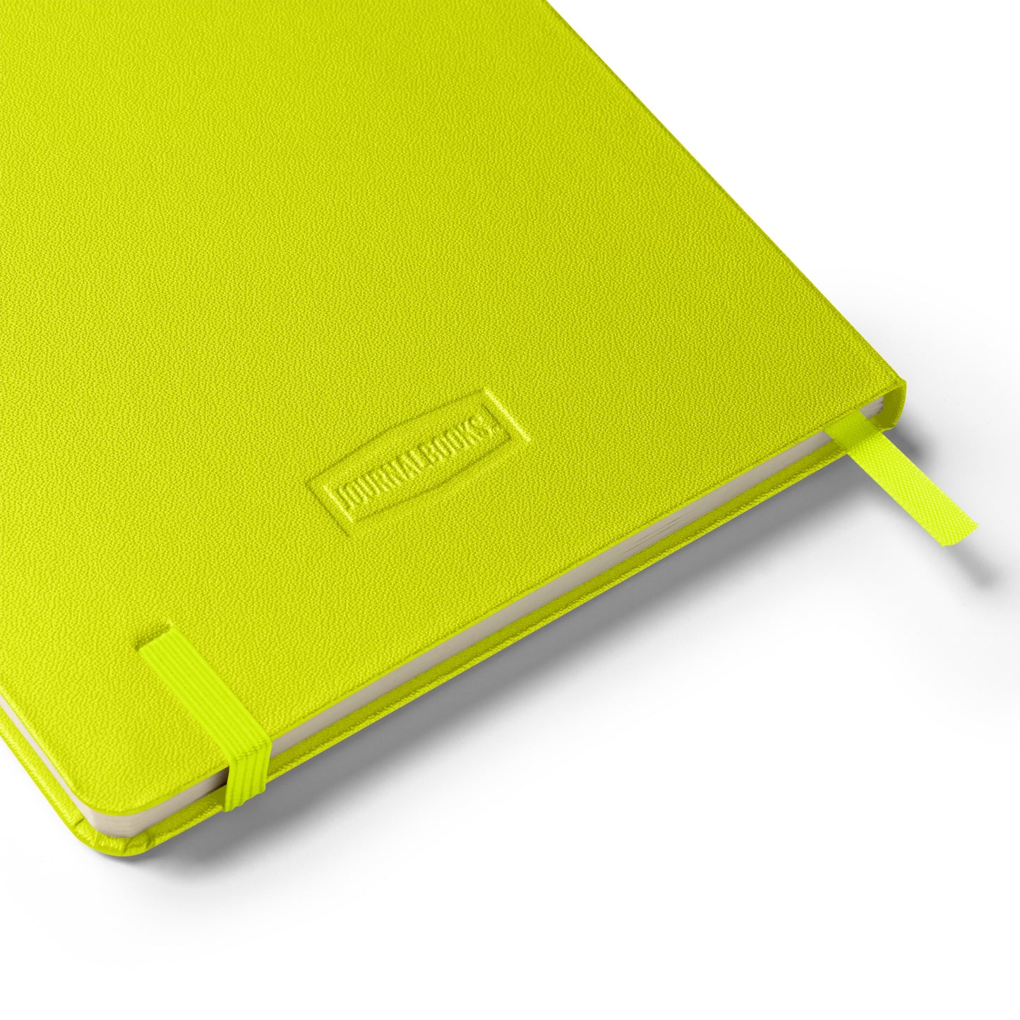 Lime-green notebook with a visible brand logo on a white background
