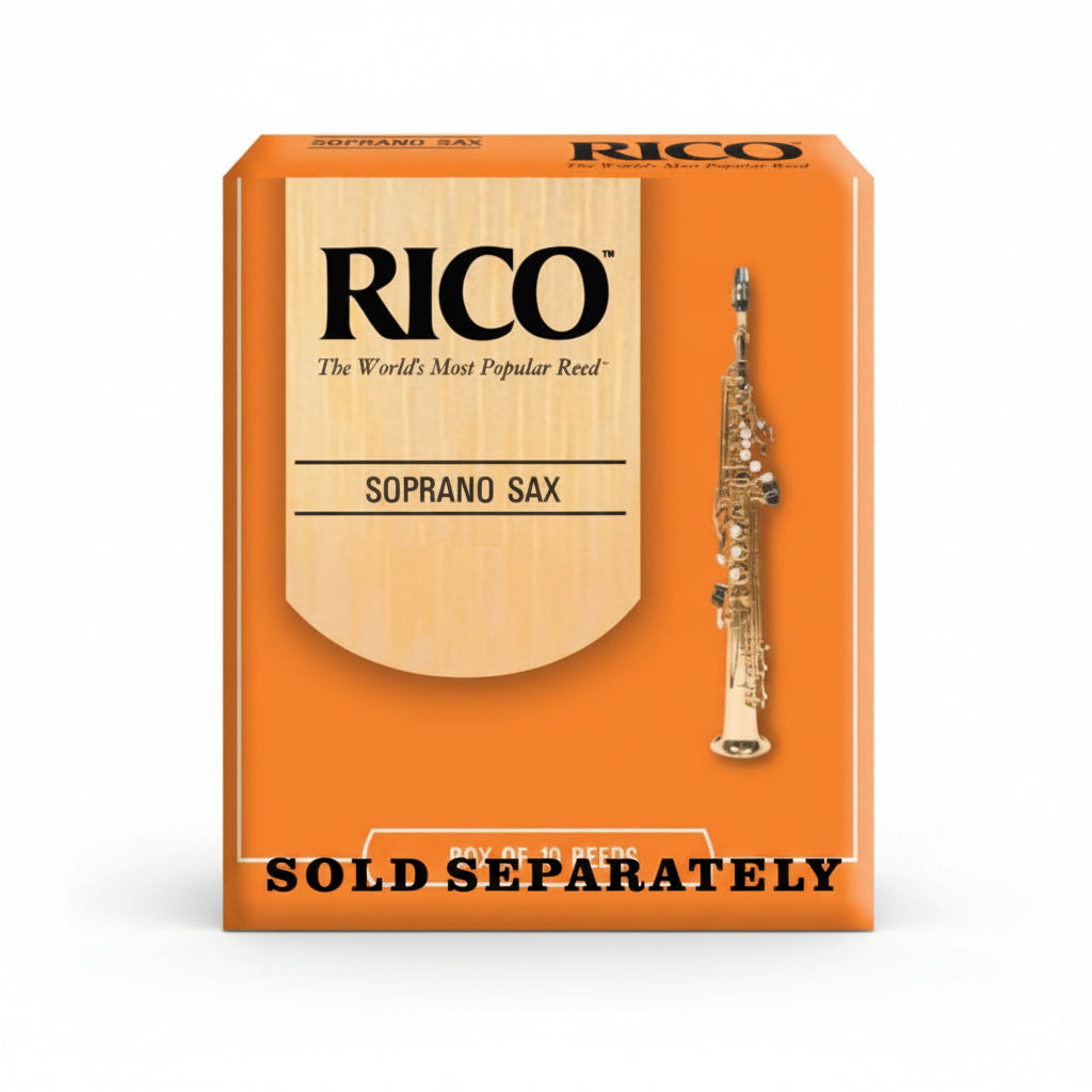 Rico soprano saxophone reed packaging with a saxophone illustration on an orange background.