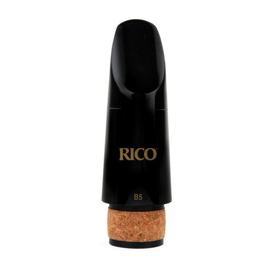 Black clarinet mouthpiece with cork base on a white background, featuring the Rico brand.