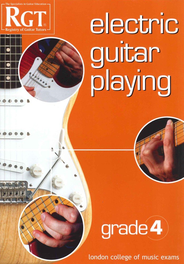 Book cover of 'Electric Guitar Playing' grade 4 by RGT with guitar images and text.