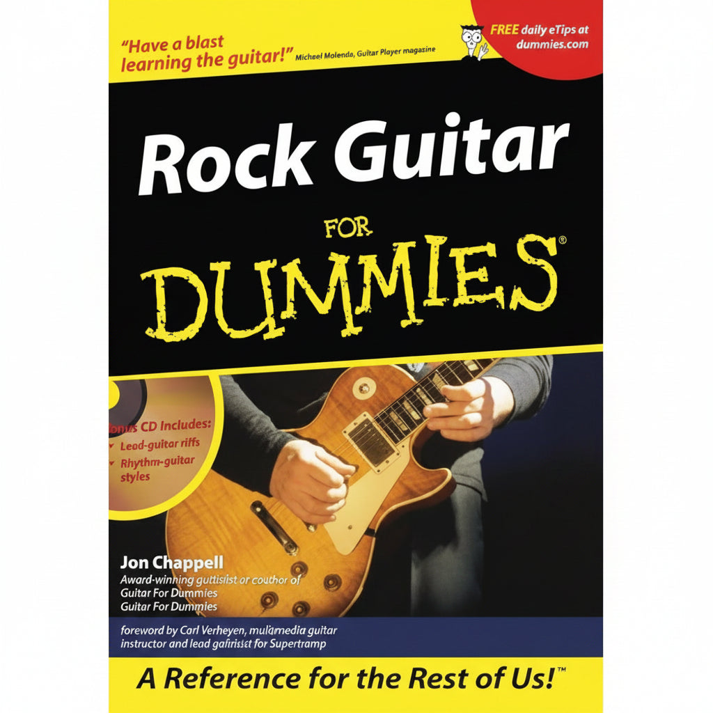 Book cover of 'Rock Guitar For Dummies' with a person playing guitar and text on a black background.