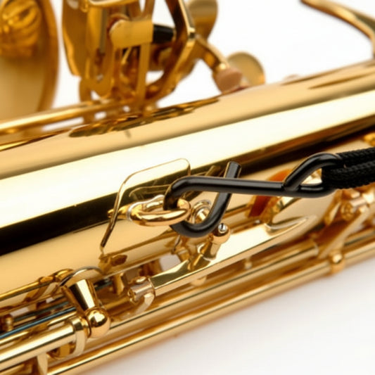 Close-up of a gold saxophone and the black clip on a white background