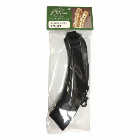 Black sax strap with padding and black clip photographed on a white background