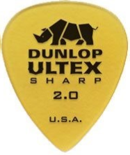 Yellow guitar pick with Dunlop Ultex branding on a white background