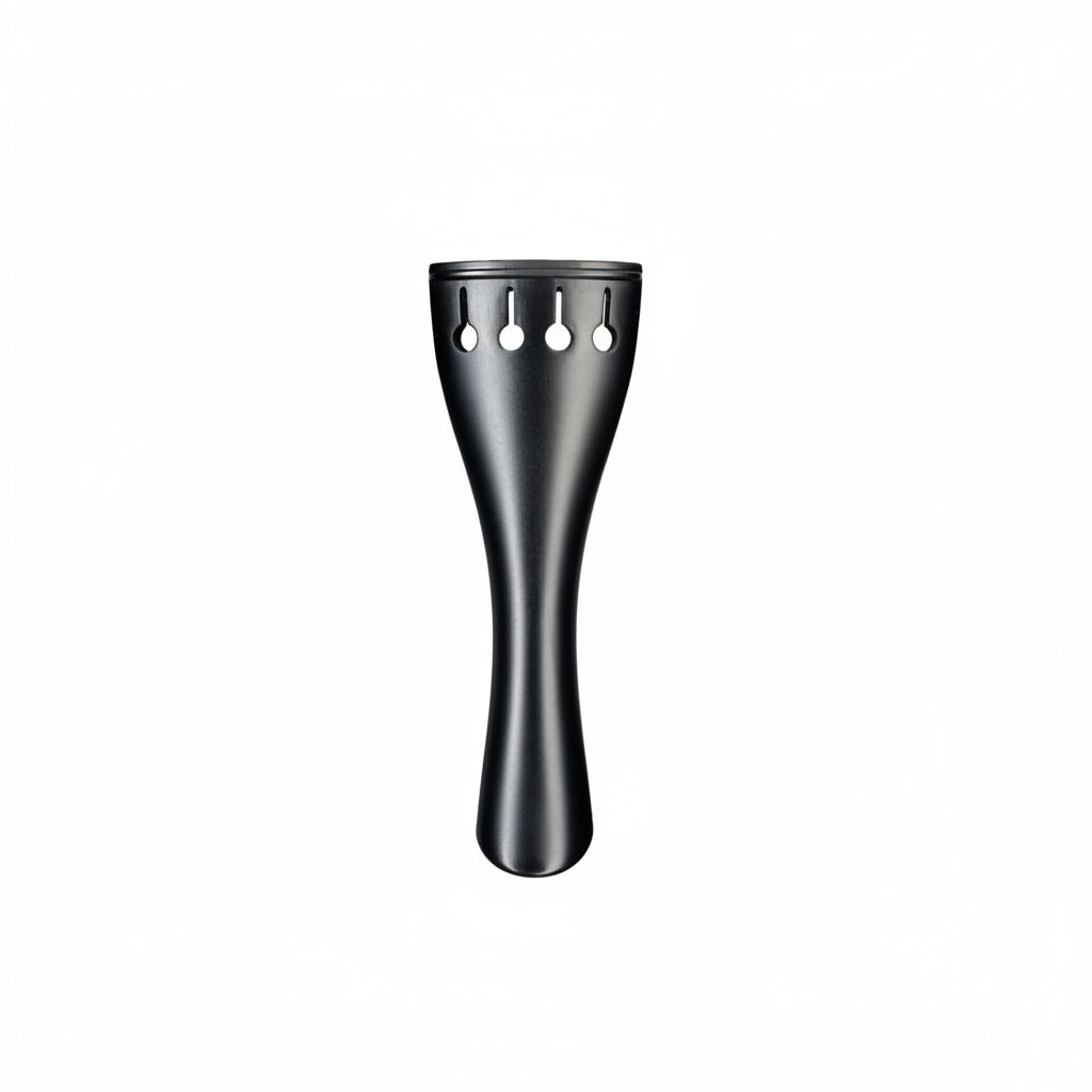 Black 3/4 violin tail piece on a white background