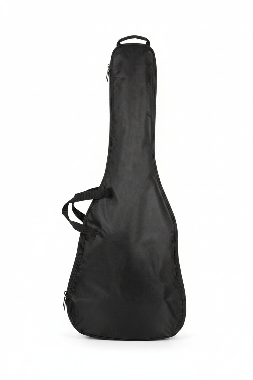 Black guitar case with a strap on a white background