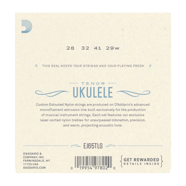 D'Addario ukulele string set packaging with product details on a beige background