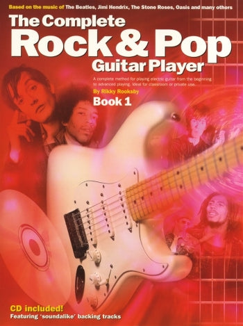 Book cover of 'The Complete Rock & Pop Guitar Player' with a guitar and musicians on a red background.
