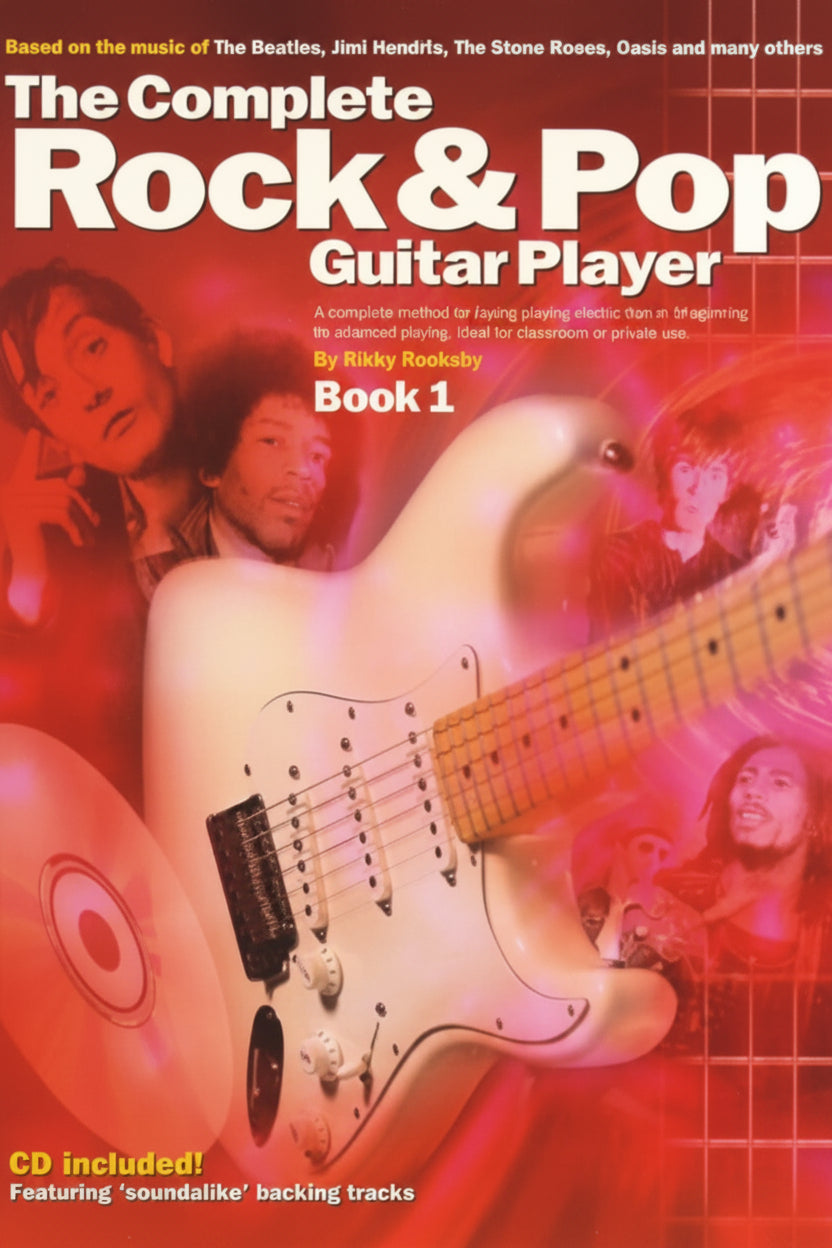 Book cover of 'The Complete Rock & Pop Guitar Player' with a guitar and musicians on a red background.