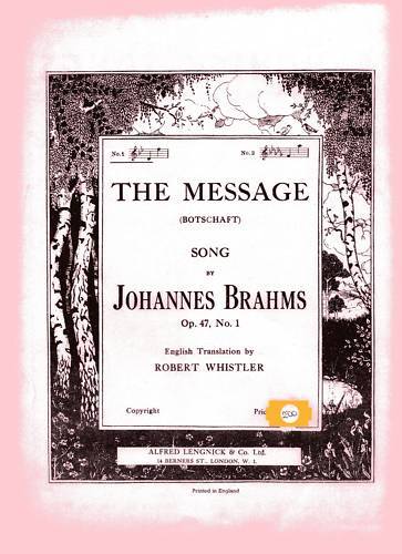 Sheet music cover for 'The Message' by Johannes Brahms with a pink border