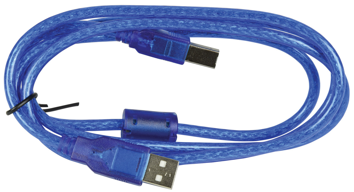 Blue USB cable with connectors on a white background