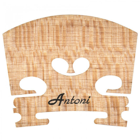 Wooden violin bridge with 'Antoni' branding on a white background