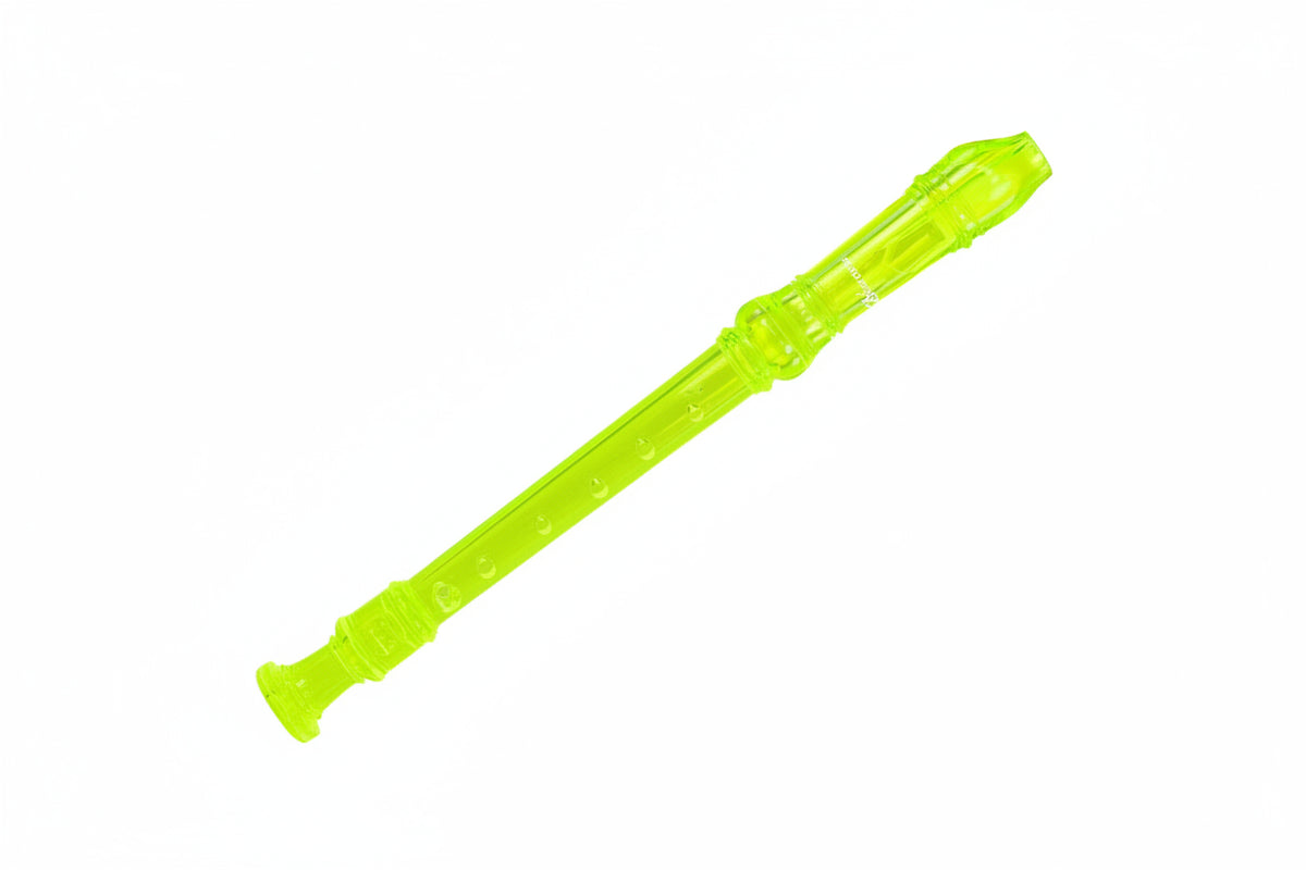 Green recorder with black keys on a white background