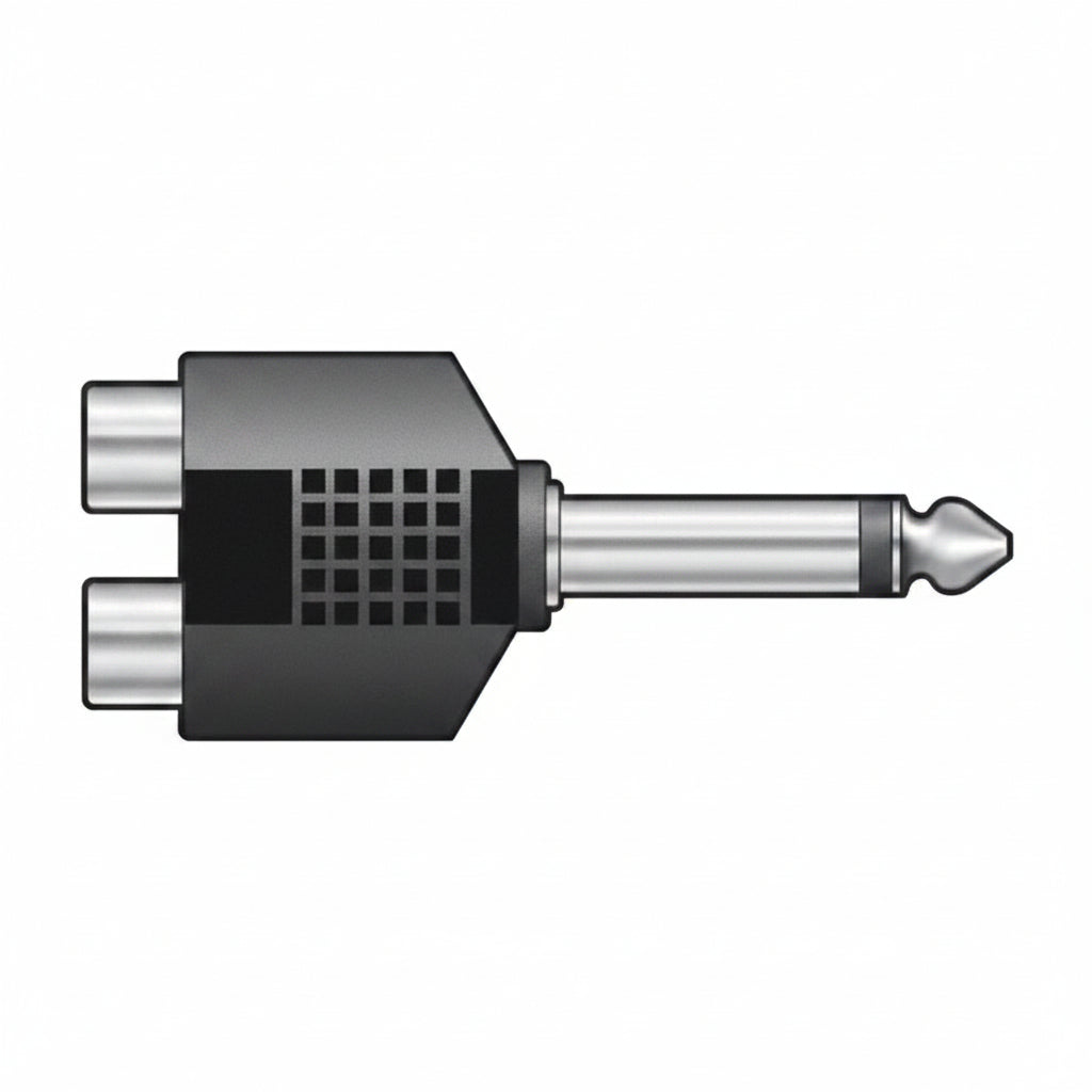 2 RCA to mono jack connector with plastic shell on a white background