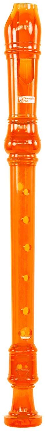 Orange recorder with black keys on a white background