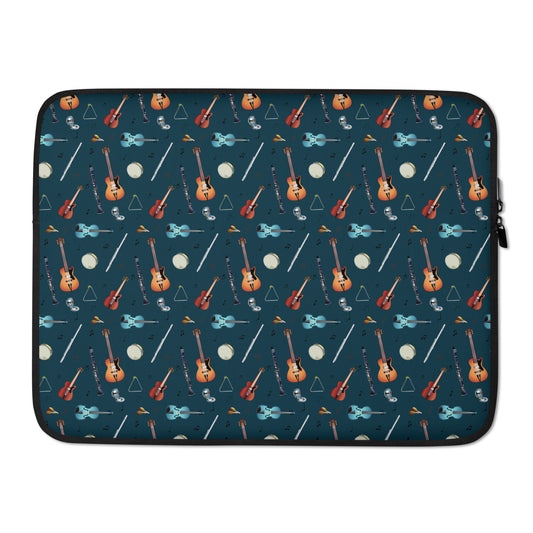Laptop sleeve with musical notes, guitar, bass guitar, flute, tambourine, triangle and clarinet pattern on a blue/green background