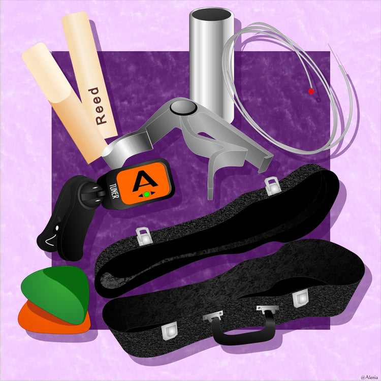 This category contains accessories like strings, reeds, straps cases, plectrums, mutes, slides, tuners and more!