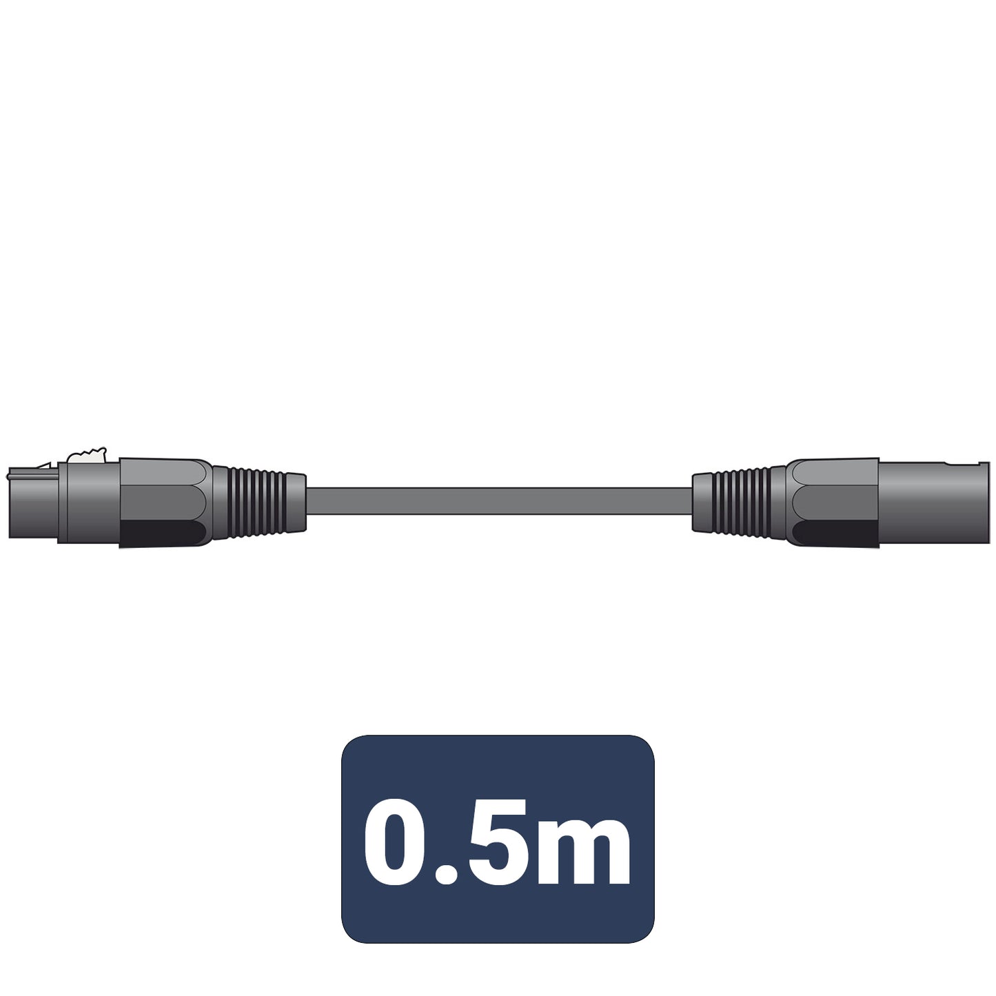 Black cable with connectors and a label indicating 0.5 meters on a white background